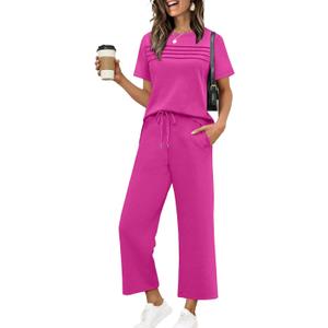 WIHOLL Two Piece Sets for Women Summer Spring Travel Vacation Outfits Short Sleeve Lounge Sets Side Slit Wide Leg Pants (Pink, L)