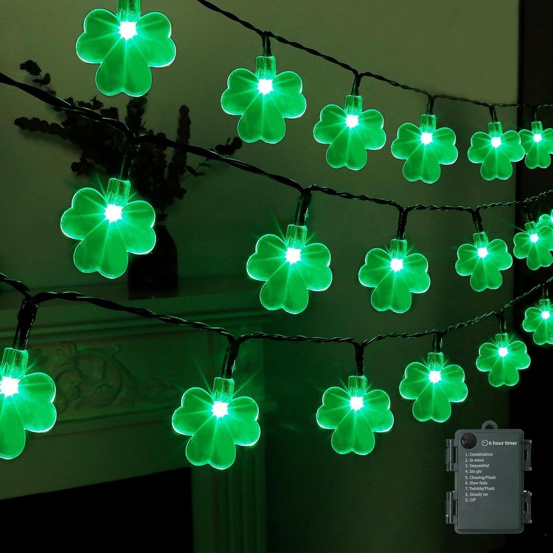 LJLNION St. Patricks Day String Lights Outdoor, 50 LED 16 FT Shamrocks Decorative Green Leaf Lights Battery Operated, 8 Lighting Modes & Timer, Waterproof for Home Garden Party Decoration