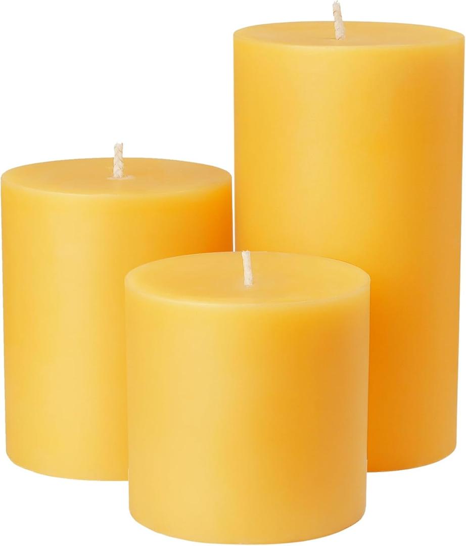Set of 3 Natural Beeswax Pillar Candles - 3 inch Wide (3 inch 4inch 6inch Tall) - 100% Pure Bees Wax Candles, Long Burning, Unscented Smokeless & Dripless, for Emergency, Home Decor (Yellow)