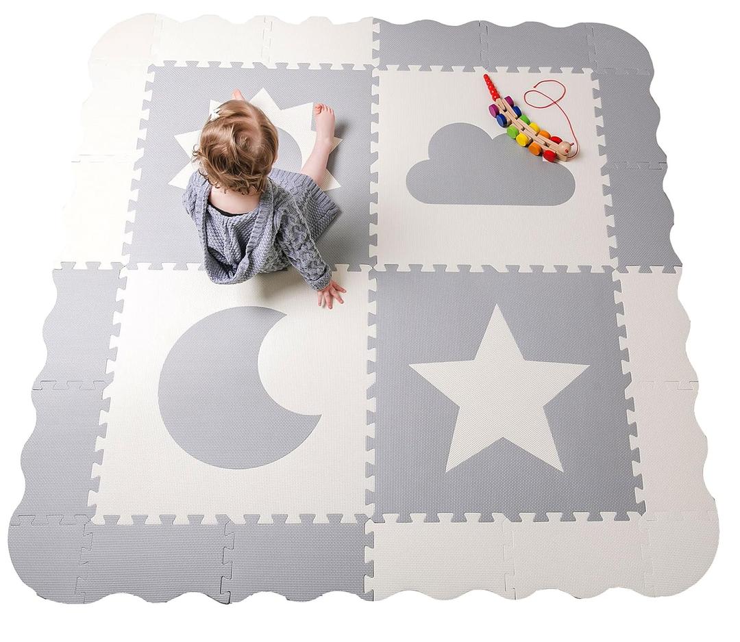 Baby Play Mat Tiles - 61"x61" Extra Large, Grey & White Interlocking, Non-Toxic Foam, Safe for Infants & Toddlers