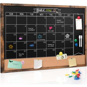 Board2by Monthly Chalkboard Calendar & Cork Board Combo, 24" x 36", Magnetic, Wall Mounted, Blackboard for Office, Kitchen, School, Home (Rustic Brown)