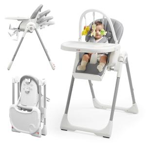 KB 3-in-1 Foldable Baby High Chair, 7 Height & 4 Recline Adjustable Seat & Tray for Easy Clean, 2 Locking Wheels, Multifunctional Infant High Chairs for Babies and Toddlers (Grey, with Toys)