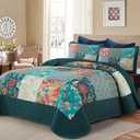 DJY Patchwork Quilt Set Queen Size 3 Pieces Green Plaid Floral Bedspread Coverlet Set, Boho Turquoise Rustic Lightweight Reversible Bedding Quilt for All Season (96''x90'')