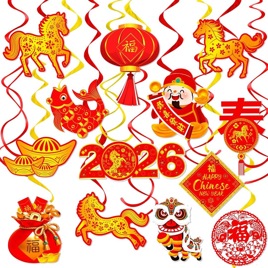 Happy Chinese New Year Hanging Swirls 2026 Chinese New Year Party Decoration Year of Horse New Year Themed Swirl Ceilings Smile Spring Festival Hanging Streamers for Lunar New Year Party Supplies