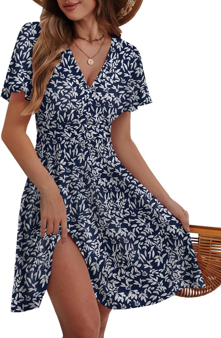 MixShe Sundresses for Women 2025 Floral Summer Elegant Beach Classy Fashion Casual Outfit Plus Size (Medium, Navy Leaf)