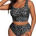 OYOANGLE Women's Plus Size Two Piece Tankini Swimsuit Scoop Neck Tie Shoulder Bathing Suit High Waisted Beachwear (XX-Large Plus, Black and White)