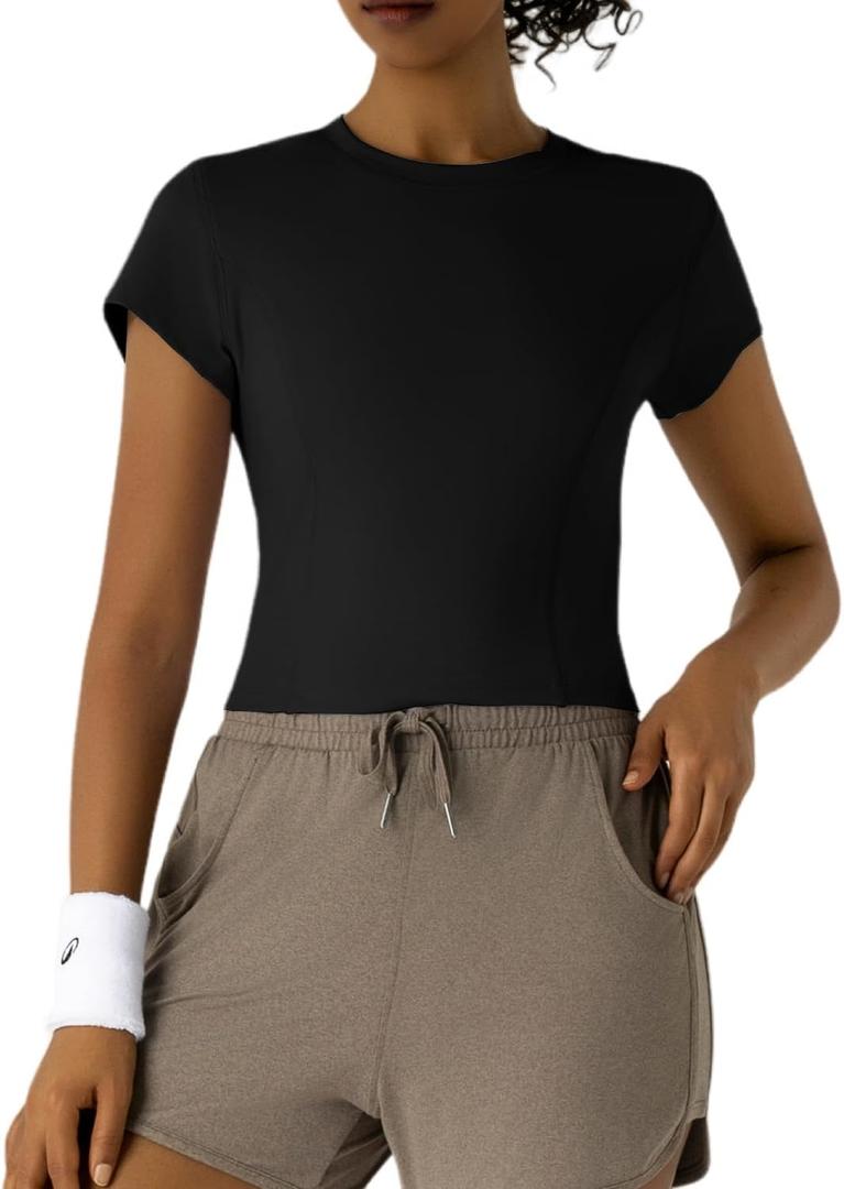 Workout Tops for Women Athletic Tops Short Sleeve Shirts-Cropped Slim Fit Gym Running Yoga T Shirts (Black, M)