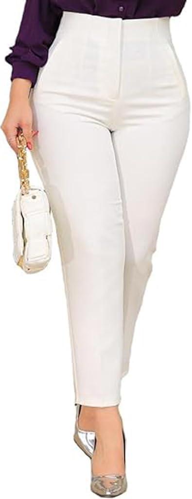 Kubsid Womens Straight Leg Pants 2026 High Waisted Stretchy Business Casual Work Pants Dress Office Trousers with Pockets (White, M)