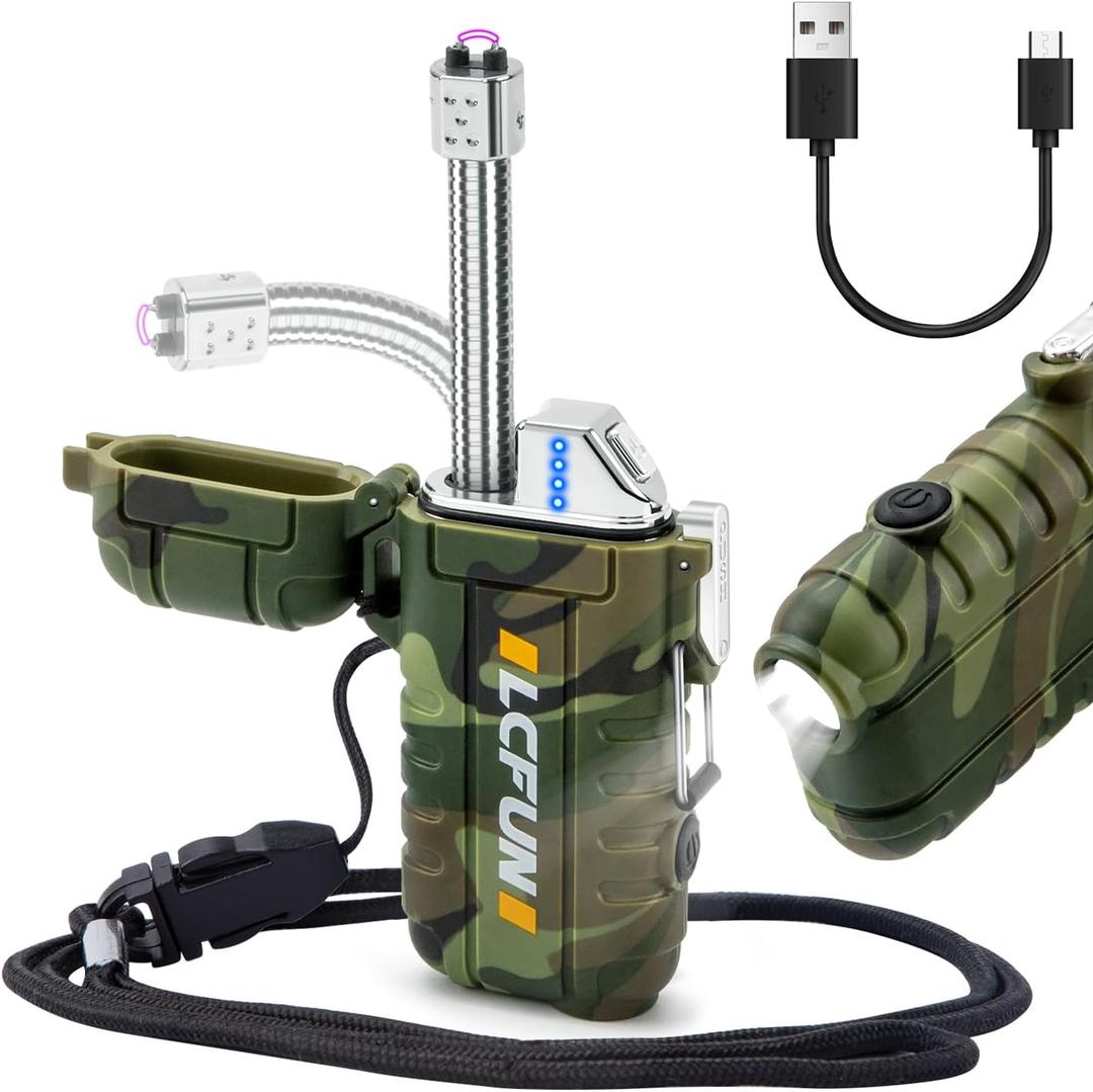LcFun Electric Lighter USB Rechargeable Arc Lighters Windproof Plasma Lighters with LED Battery Display, Waterproof Electronic Flashlight Lighter with Lanyard for Camping, Survival Tactical Gear