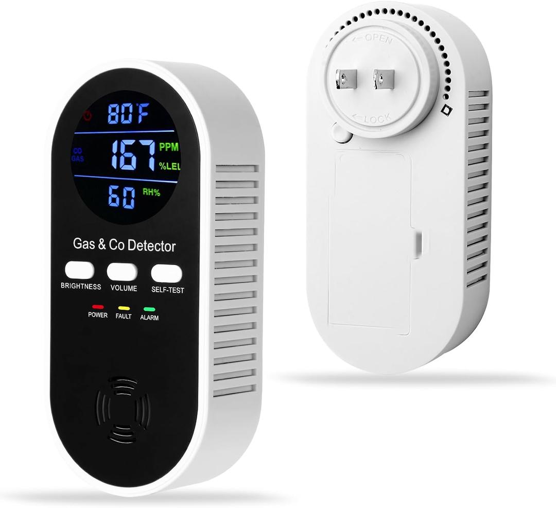5-in-1 Carbon Monoxide Detector & Natural Gas Leak Alarm, AC-Plug-in CO Alarm & Explosive Gas Detector Battery Backup with Temperature(F) & Humidity,Three Levels Volume & Brightness for Home, RV, Hotel