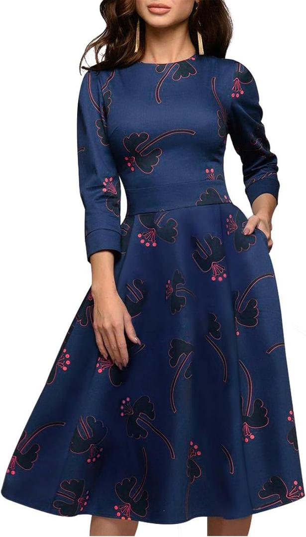 Simple Flavor Women's Floral Evening Flare Vintage Midi Dress 3/ 4 Sleeve (0658BL, S)