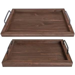 Besti Rustic Vintage Food Serving Trays (Set of 2) | Wooden Board w/Metal Handles | Stylish Farmhouse Decor Serving Platters | Small: 13.5" x 2 x 9.5, Large: 15.9" x 2" x 11.8" (Rustic Dark Brown)