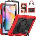 SEYMAC Case for Samsung Galaxy Tab S6 Lite 10.4'' 2024/2022/2020 (SM-P620/P610/P615), Heavy Duty Full-Body Shockproof Protective Case with Screen Protector, Rotating Stand, Hand/Shoulder Strap, Red