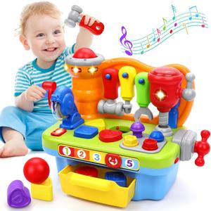 ORWINE Toys for 1 Year Old Boy, Musical Toddler Tool Bench, Montessori Educational Toys with Sound Lights Effect, Shape Sorter, One Year Old Boy Birthday Gift, Engineer Pretend Play Workbench