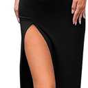 PRIMODA Women's Spaghetti Strap Bodycon Maxi Dress Long Formal Thigh-high Slit Club Wedding Guest Dress (Black)