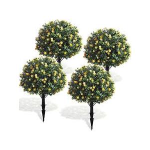 Yunlly 4 Pcs Artificial Flowers Fake Boxwood Topiary Ball Tree 27 Inch Outdoor Faux Bush Balls, Realistic UV Resistance Fake Shrub Plant with Spike for Garden Porch Patio Indoor Decor (Yellow)