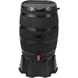 RTS Home Accents Premium 55-Gallon Eco Rain Barrel with Removable Lid, Flat Back Rain Water Collection Barrel, Made with 100% Recycled Plastic, Stand Included, Black