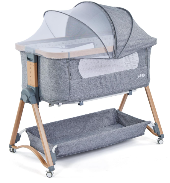 JMMD Baby Bassinets, 3 in 1 Bedside Sleeper, Baby Bedside Crib Sleeper with Adjustable Height, Removable Mosquito Net and Storage Basket, Easy Folding Portable Crib for Newborn (Wood Grain Grey)
