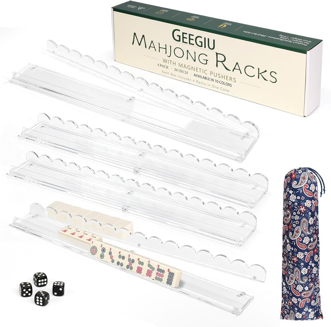 Clear Mahjong Racks with Magnetic Pushers Set of 4, 20 Inch Acrylic American Mahjong Tile Racks, Premium Mahjong Accessories Gift for Mahjong Lovers