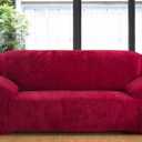 vctops 1-Piece Velvet Plush Stretch Loveseat Sofa Slipcover with Elastic Bottom Soft Fuzzy Fluffy Sofa Covers for 2 Cushion Couch Furniture Protector for Kids, Pet (Wine Red, Loveseat)