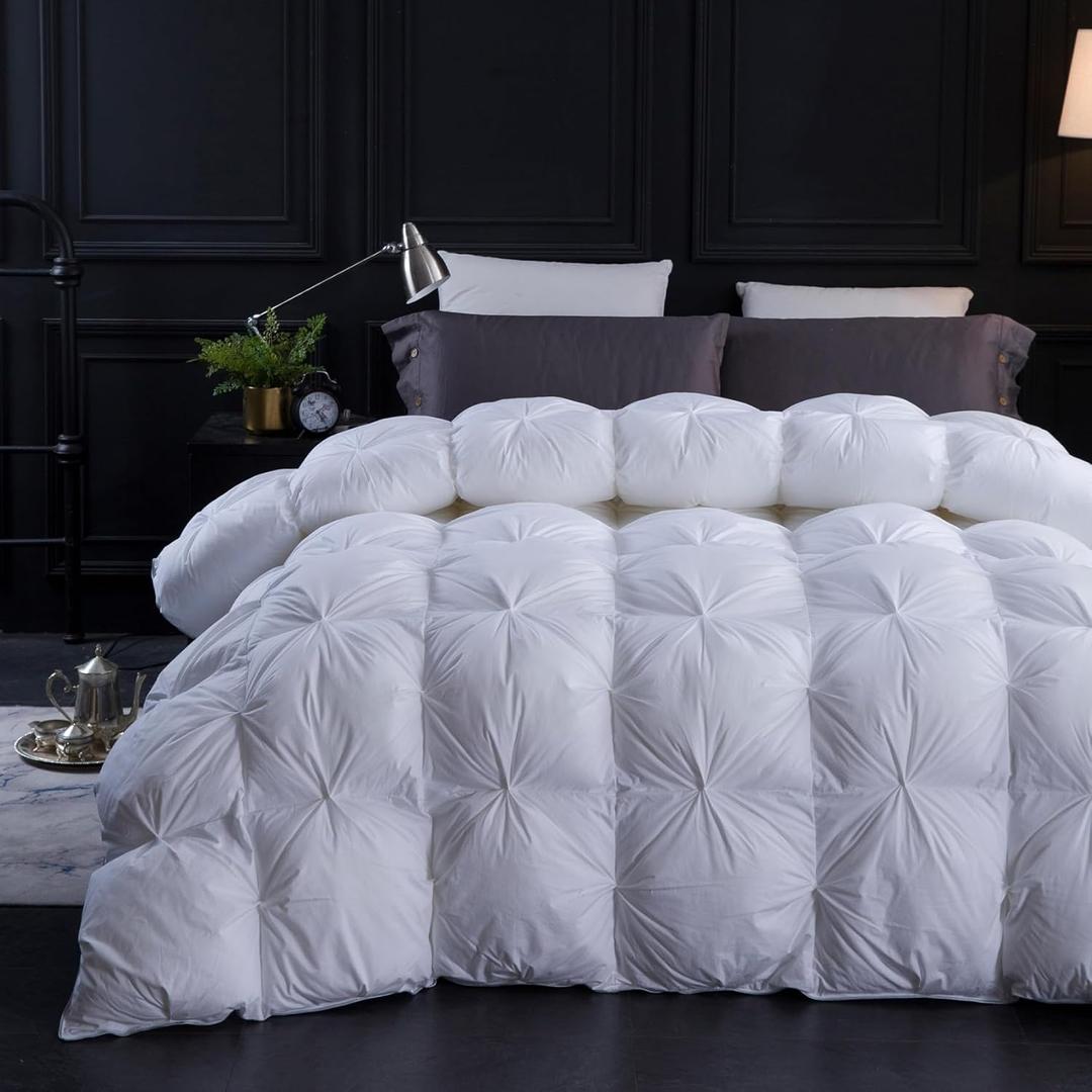 Three Geese Pinch Pleat Waterfowl Feathers and Down Comforter Palatial King Size Duvet Insert,750+ Fill Power,1200TC 100% Cotton, Premium All Seasons White Warm Hotel Comforter with 8 Tabs. (White Twisted Flower)