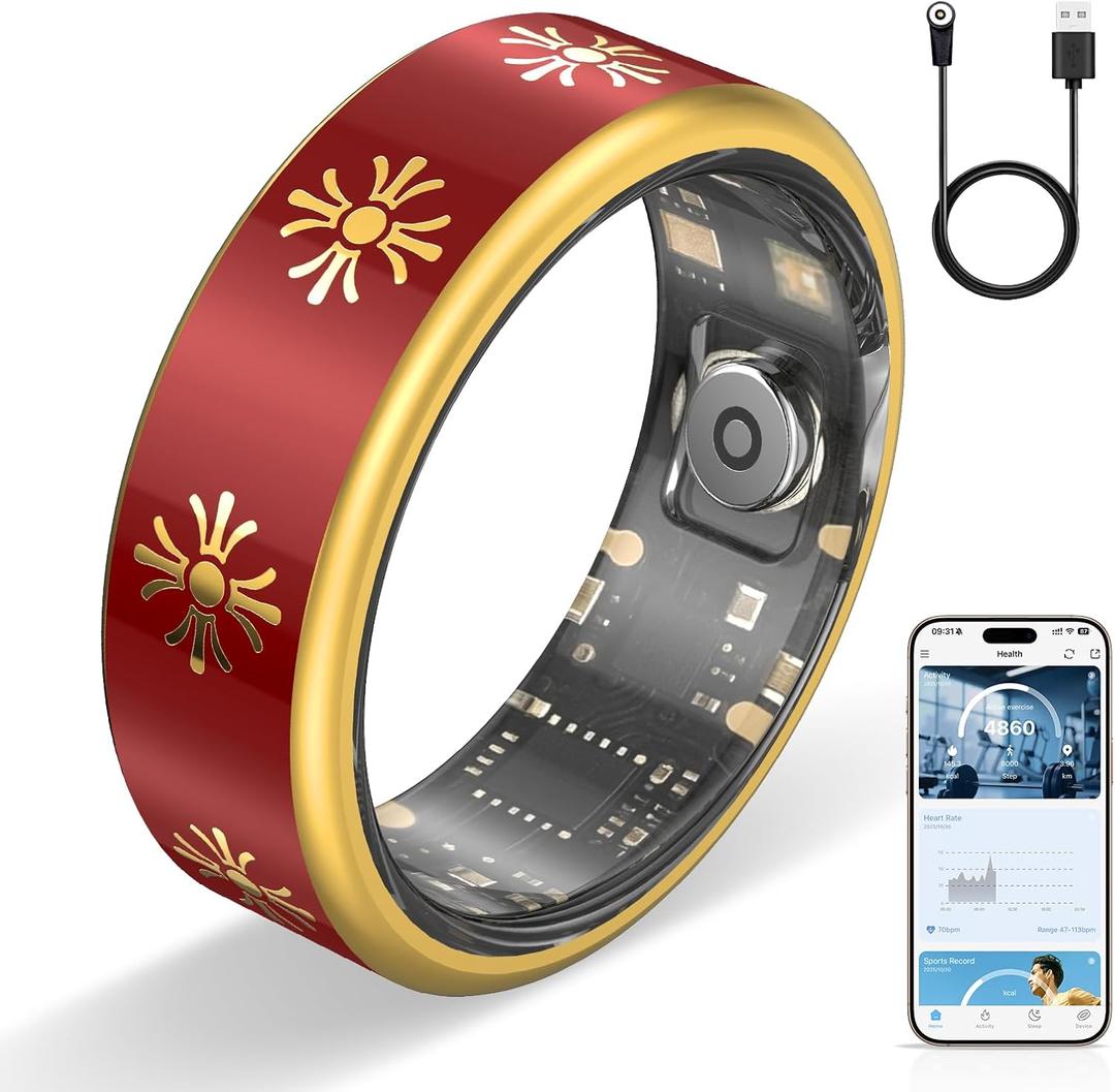 Smart Ring for Women & Men, Fitness Tracker Ring with Sleep Monitoring, Heart Rate & Blood Oxygen Tracking, IP68 Waterproof, Bluetooth Health Ring, No Subscription (Red, 9)