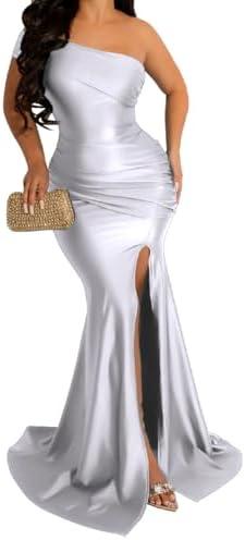 HRESSLBD Womens Off Shoulder Sexy V Neck High Split Long Maxi Dress, Formal Cocktail Party Evening Gown Mermaid Dress M
