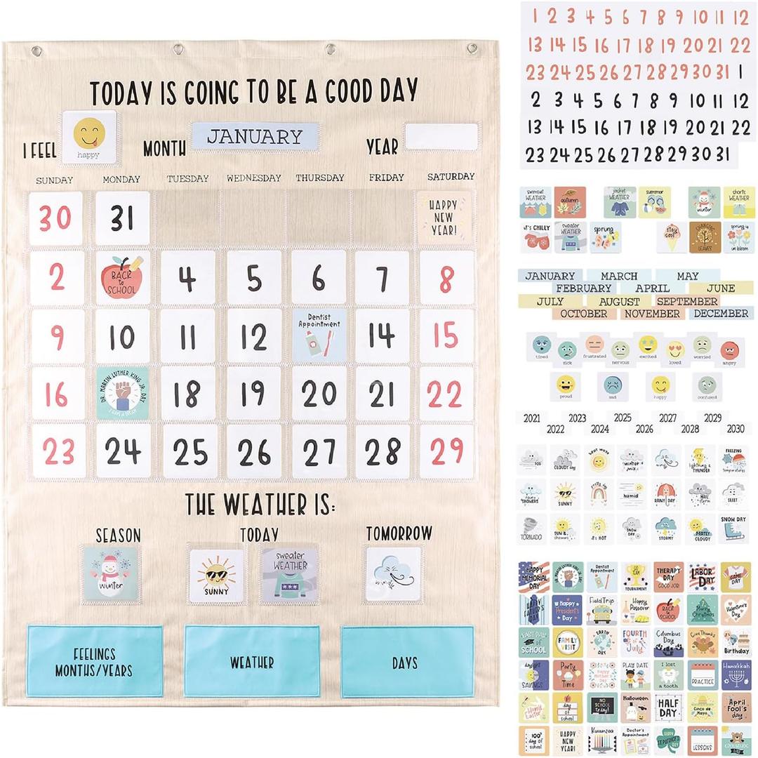 The Peanutshell Learning Calendar Wall Chart - Homeschool Supplies, Interactive Pocket Chart for Toddlers & Kids - Preschool Learning Activity Board, Circle Time Board for Classroom - Good Day