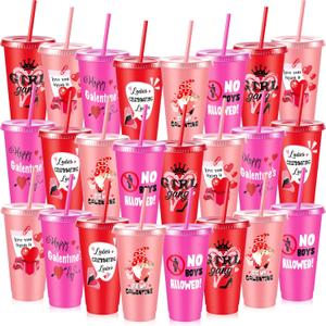 Chuangdi 24 Pcs Galentines Day Plastic Tumbler with Lids and Straws, 6 Designs 24 oz Reusable Valintine's Day Cups for Galentines Valintines Birthday Decorations Party Favors Supplies Gifts Bulk