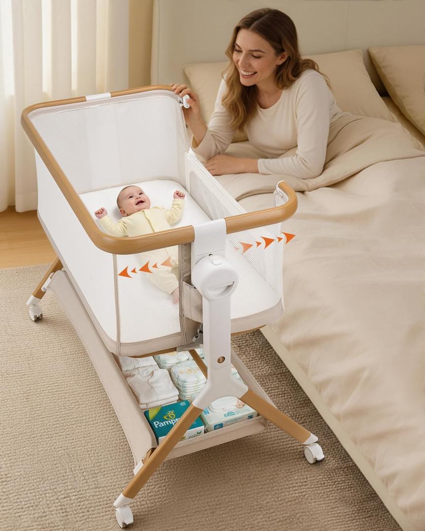 3 in 1 Baby Bassinet, Rocking Bassinet, Bedside Sleeper for Baby, Breathable Full-Mesh, 6 Height Adjustable, Comfy Mattress, Lockable Wheels, Storage Basket, Stable and Cozy Crib for Newborn Infant