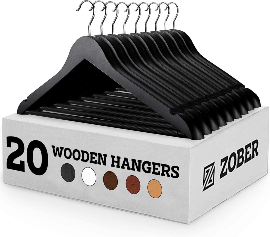 ZOBER Wooden Hangers - 20 Pack, Heavy Duty, Non Slip Wood Hangers for Coats, Jackets, Suits, & Pants - Clothes Hangers for Closet W/ Bar and Notches (Black)