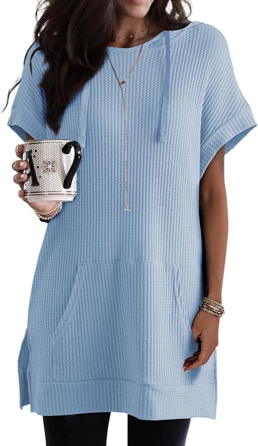 DOKOTOO Oversized Tshirts for Women Waffle Short Sleeve Shirts Drawstring Hoodies Waffle Knit Tops Side Slit Top with Pockets S