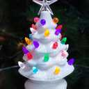 MOMENTS IN TIME Ceramic Christmas Tree 9 White LED Lighted Pre-Lit Tabletop Tree with Multicolor Bulbs & Star Topper, Battery Operated Holiday Decor