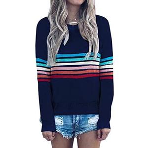 ECOWISH Women's Sweater Rainbow Colorful Striped Sweaters Long Sleeve Crew Neck Color Block Casual Pullover Blouse Tops S