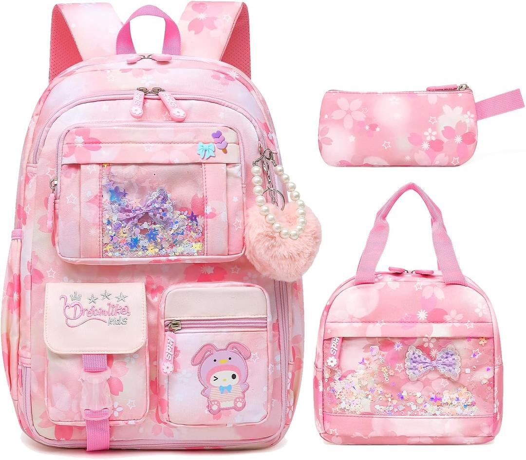 Lovely Girls Backpack School Bag for Students Kids Book Bag with Multiple Pockets Splash-proof Children's Backpack (17inch Set Pink)
