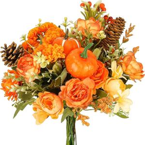 HUAESIN 10PCS Artificial Fall Flowers for Decoration Fall Decor Silk Flowers Bouquet Orange Fake Roses with Pumpkin Silk Autumn Floral Arrangements for Home Table Centerpieces Thanksgiving Decor