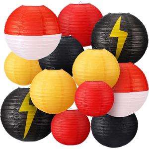 Weysat 12 Pcs Cartoon Ball Animation Themed Hanging Paper Lanterns Cartoon Game Anime Themed Red Black Yellow and White Round Lantern Decorations for Birthday Party Shower Classroom Home Decor