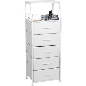 Dresser for Bedroom, Fabric Nightstand Tall Dresser & Chests of Drawers with 5 Drawers, Vertical Organizer Storag, Hallway, Entryway White