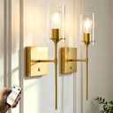 Battery Operated Wall Sconce with Remote Control, Dimmable Wall Mounted Light Set of Two Rechargeable, Gold Cordless Wall Lamp for Bedroom Bathroom Kitchen Vanity Mirror, Bulb Included