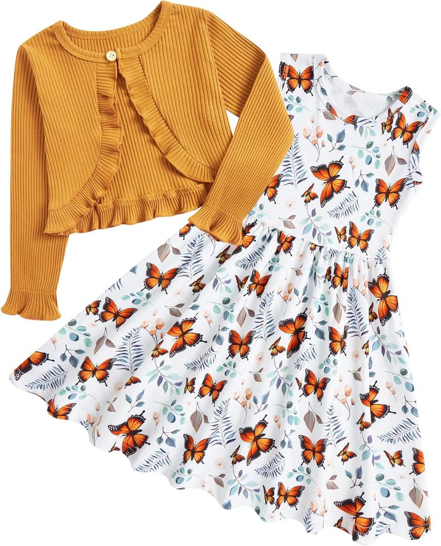 Toddler Girl Sleeveless Dresses and Long Sleeve Ruffle Cardigan 2 Piece Fall Outfits for 2-8T (3-4T, A3-butterfly 01)
