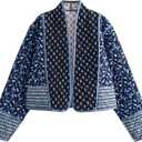 Women's Cropped Puffer Quilted Jacket Cardigan Floral Printed Lightweight Long Sleeve Open Front Short Padded Coats, Size: Medium