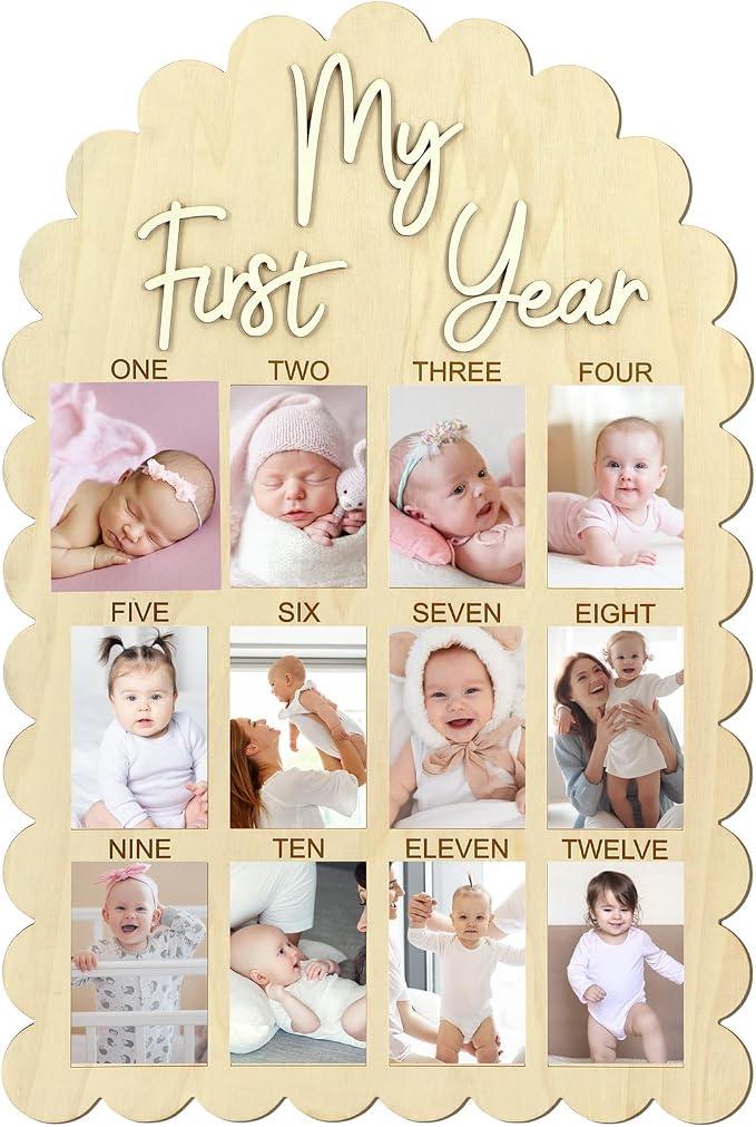 Cinnvoice My First Year Photo Board, Scalloped 33 x 22 Inch Wood Picture Frame 1st Birthday Decorations, 12 Months Milestone Photo Display Board for Newborn Keepsake Nursery Decor, Fits 4x6'' Picture, 33.86 inches x 22.44 inches