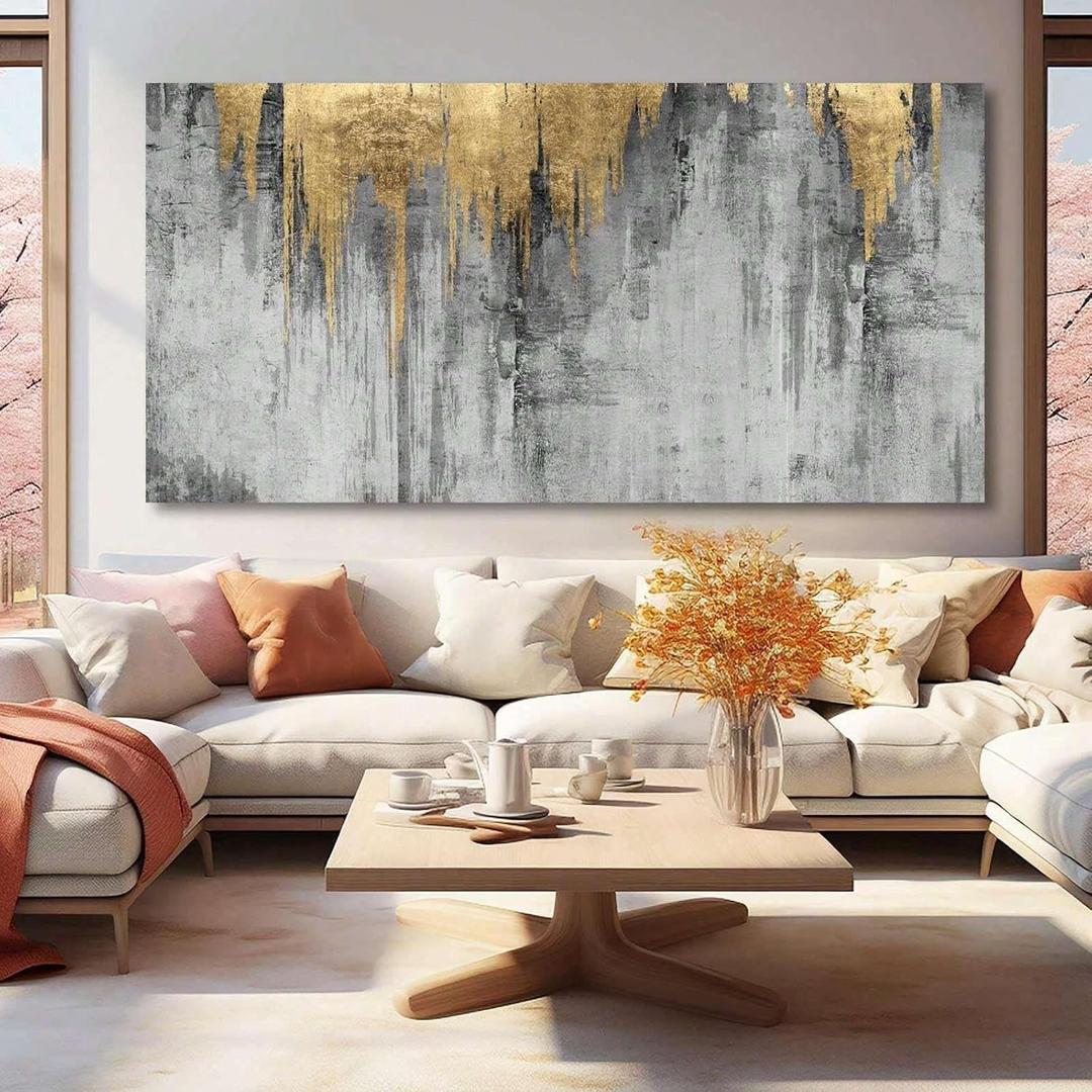 Grey Abstract Canvas Wall Art for Living Room Modern Gold Painting Large Wall Pictures Prints for Bedroom Wall Decor 40x80cm(16x31in Withframe