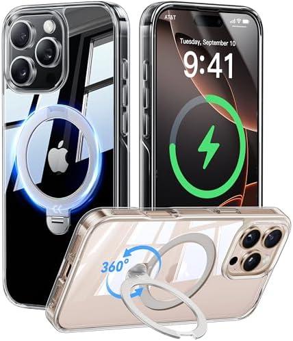 CASEKOO 360 Spin Max Magnetic Titanium Stand for iPhone 16 Pro Case [Fit with Magsafe][16FT Military Protection] [No-Yellow Crystal Clear] Slim 16 Pro Case with Stand 6.3'', Clear