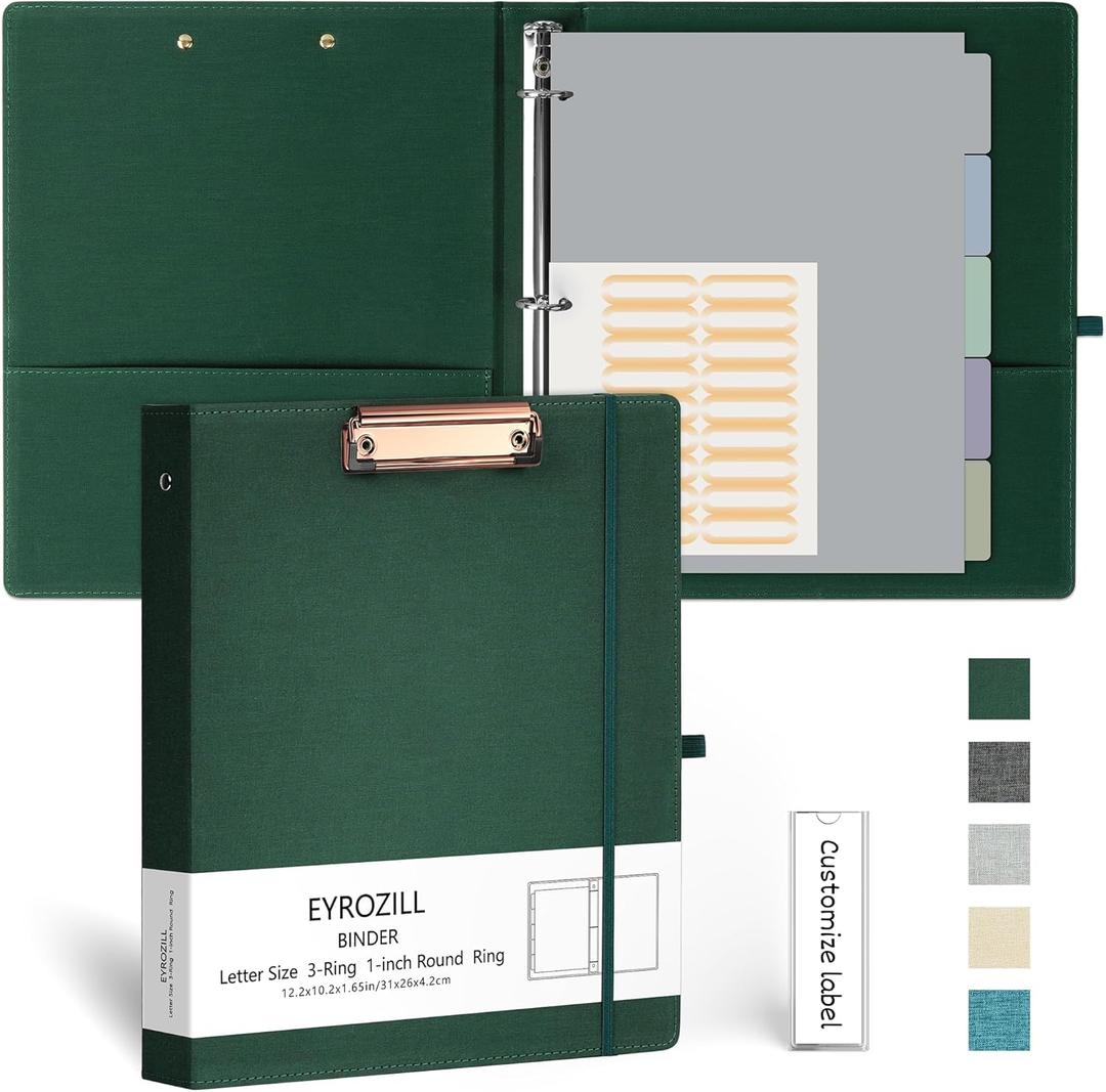 EYROZILL 3 Ring Binder, 1 Inch Linen Binder Organizer for Letter Size (8.5" x 11") with 5 Tab Dividers, File Folder Labels and Low Profile Clipboards, School and Office Supplies-Blackish Green