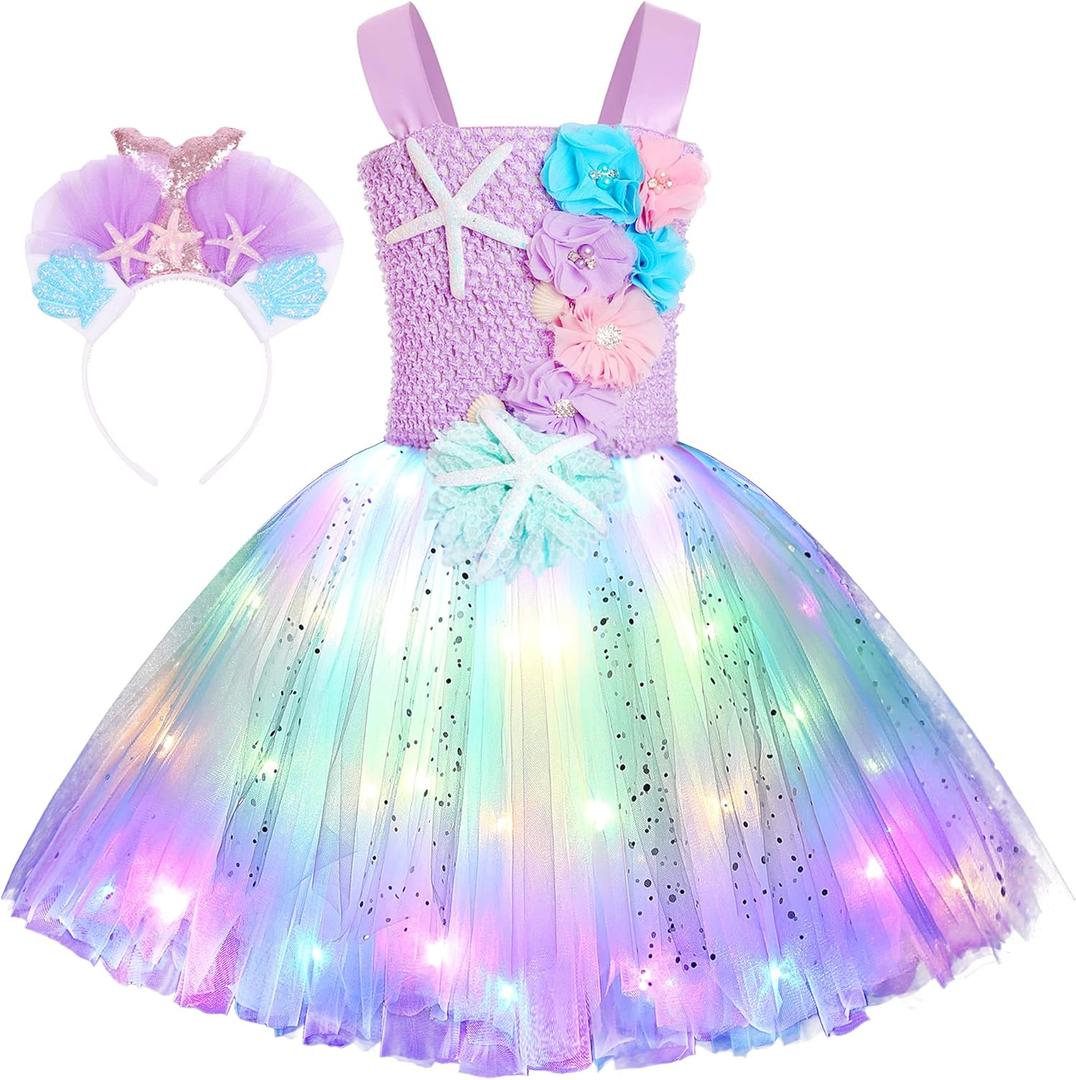 Koatobbor Girls Mermaid Costume Mermaid Tutu Dress Color Led Light Up for Halloween Birthday Party Rainbow Led-light Purple, 3-4 Years