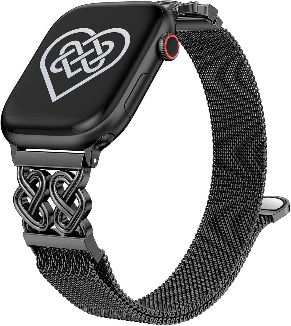 Celtic Knot Metal Band Compatible with Apple Watch Bands for Women 38/40/41/42/44/45/46/49mm Stainless Steel Magnetic Loop Mesh Strap for iWatch SE Series 11/10/9/8/7/6/5/4/3/2/1/Ultra(1/2) (Black)