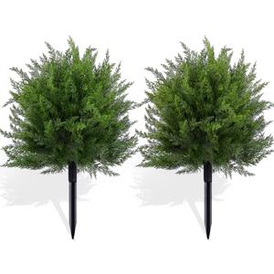 FAJUNZH Artificial Topiary Bushes for Outdoors with Spike, Boxwood Ball Fake Shrubs UV Resistant Faux Plants for Indoor Outdoor Fall Thanksgiving Halloween Decor (Cedar Topiary Ball Trees), 15.3"D x 15.3"W x 23.6"H