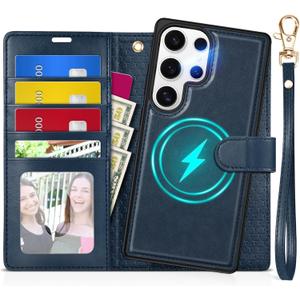 TUCCH Case for Galaxy S25 Ultra, [Detachable] 2 in1 Magnetic PU Leather Wallet with Wrist Strap RFID Blocking [Wireless Charging] 4 Card Slot Kickstand Removable Cover for Galaxy S25 Ultra, Dark Blue