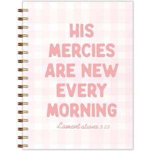Pink Plaid Christian Spiral Notebook 5.5x8.3, His Mercies are New Every Morning Bible Journaling, Religious Prayer Journal for Woman, Church Notes Notebook, Scripture Journal
